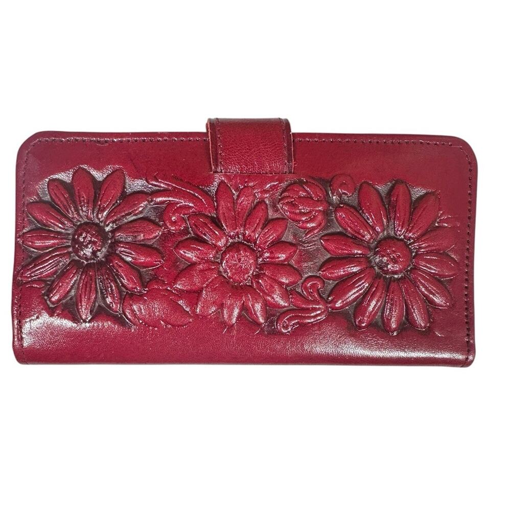 Vtg‎ Red Tooled Leather Sunflower Womens Embossed Clutch Wallet Mexico 8" x 4" - Picture 7 of 10